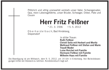 Traueranzeige von Fritz Felßner von Pegnitz-Zeitung